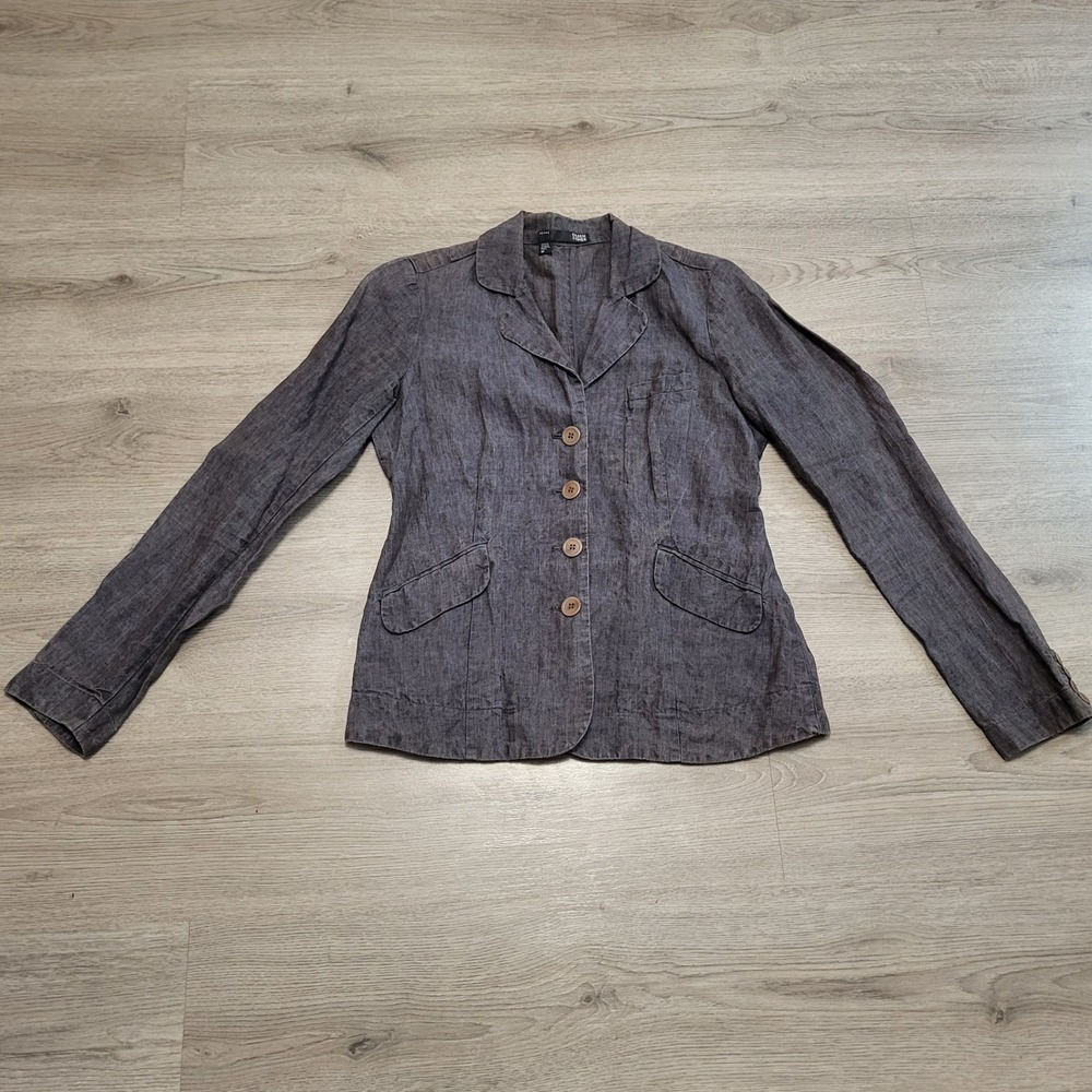 Eileen Fisher Petite 4P Linen Blend Blazer Jacket Brown Distressed Button Front